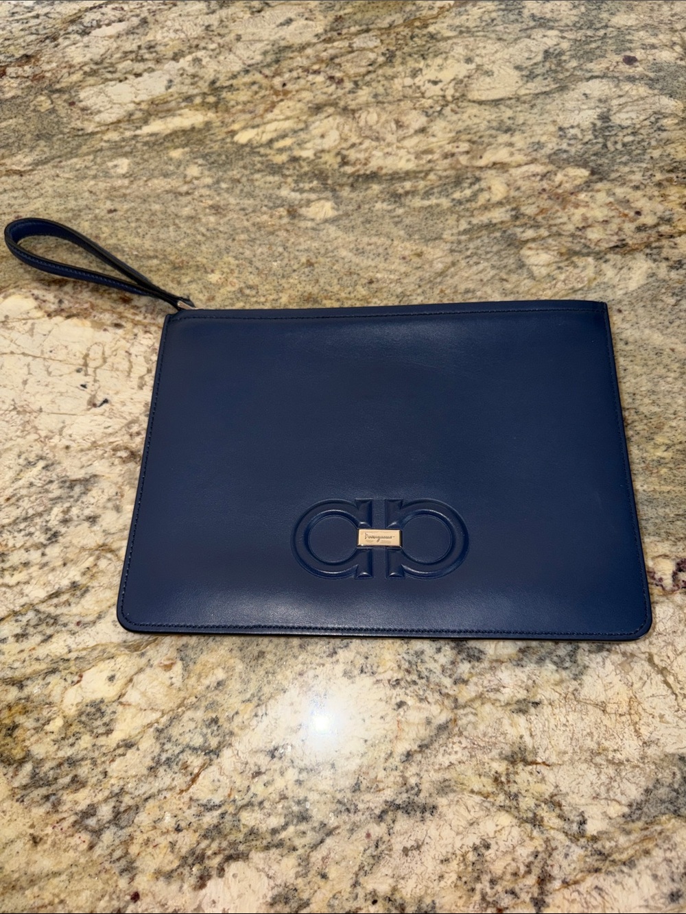 Salvatore Ferragamo Gancini Navy Leather Gancini Wrist Pouch